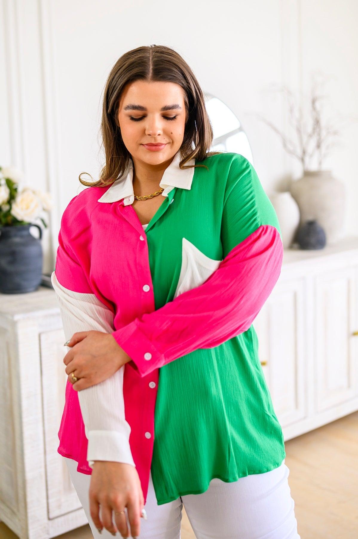 Capture the Day Two Toned Button Up Kelly - Waverly Paige Boutique