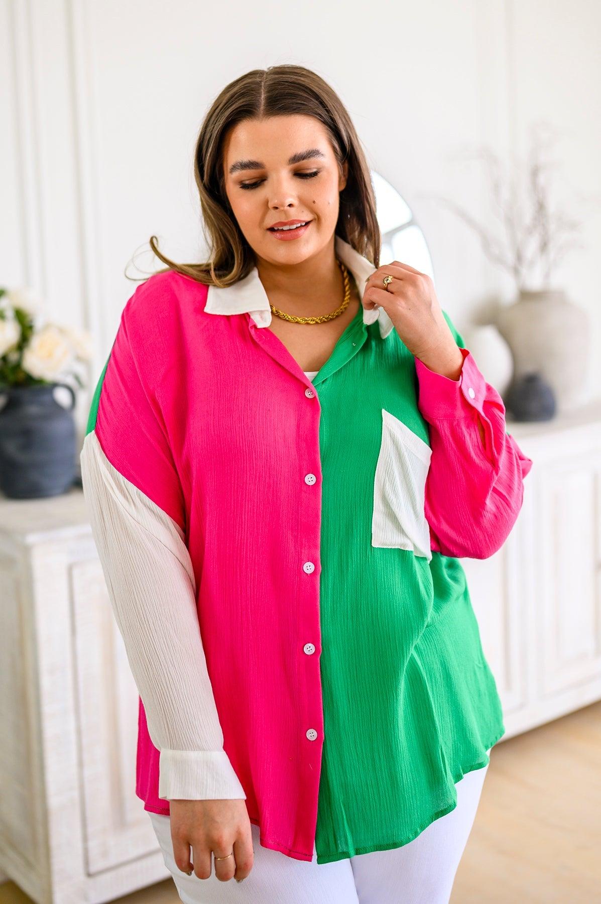 Capture the Day Two Toned Button Up Kelly - Waverly Paige Boutique