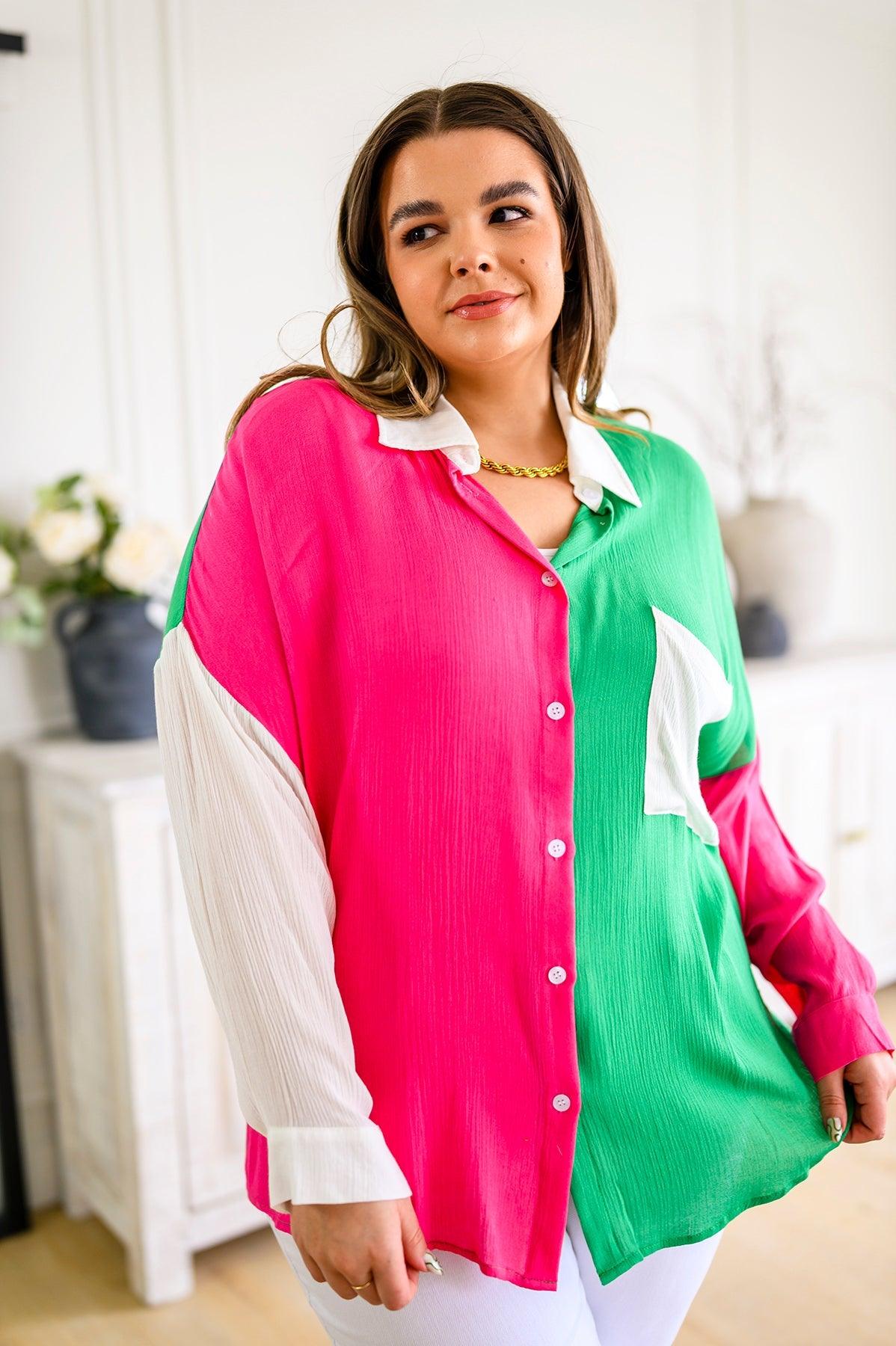 Capture the Day Two Toned Button Up Kelly - Waverly Paige Boutique