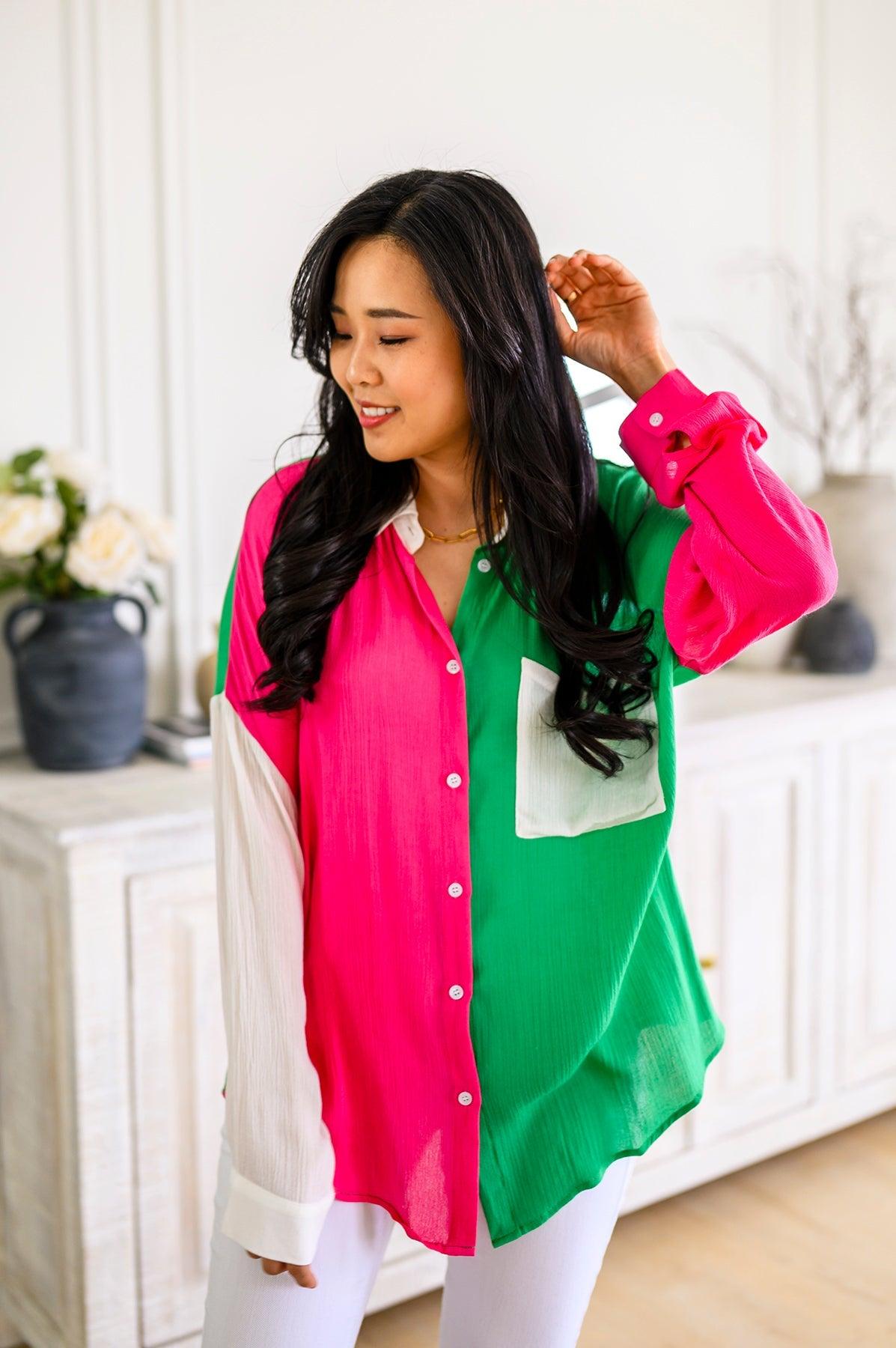 Capture the Day Two Toned Button Up Kelly - Waverly Paige Boutique