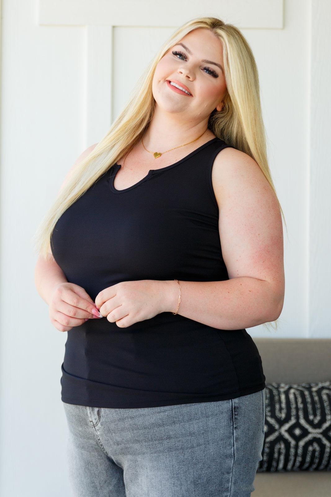 Daily Essential Notched Ribbed Tank in Black - Waverly Paige Boutique