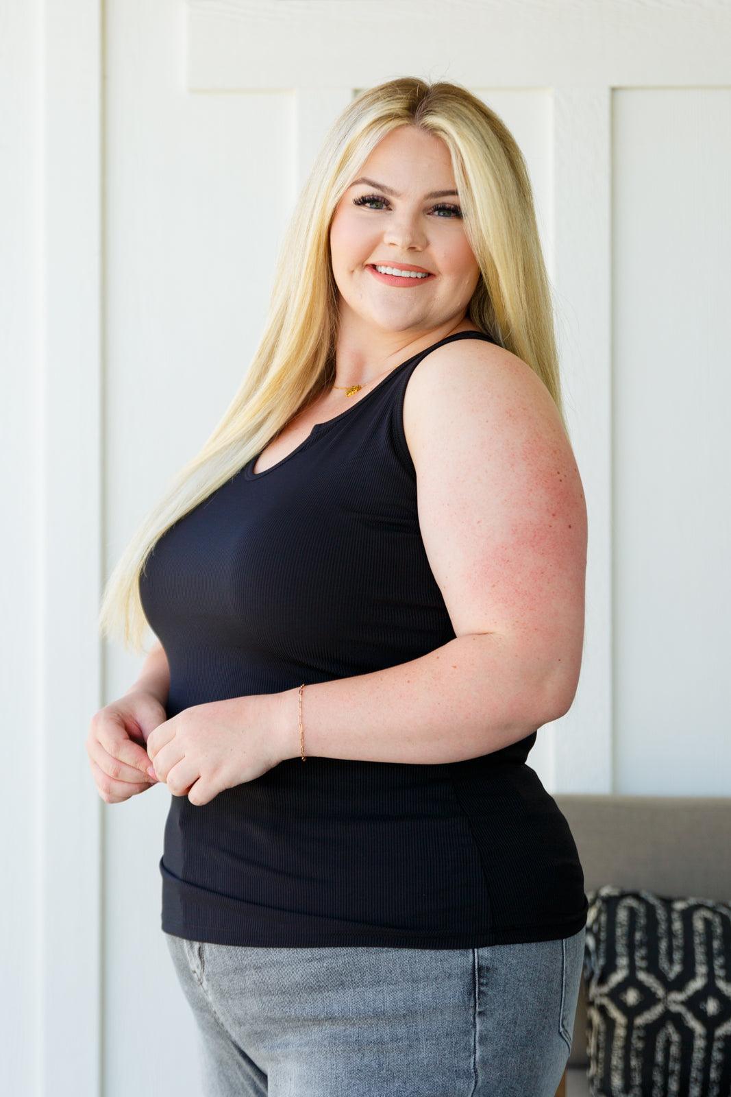 Daily Essential Notched Ribbed Tank in Black - Waverly Paige Boutique
