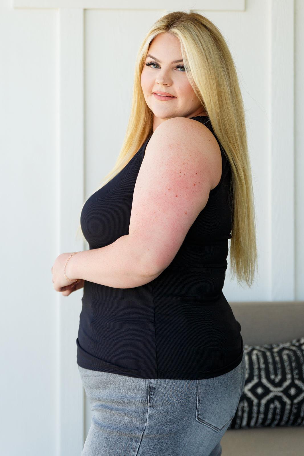 Daily Essential Notched Ribbed Tank in Black - Waverly Paige Boutique