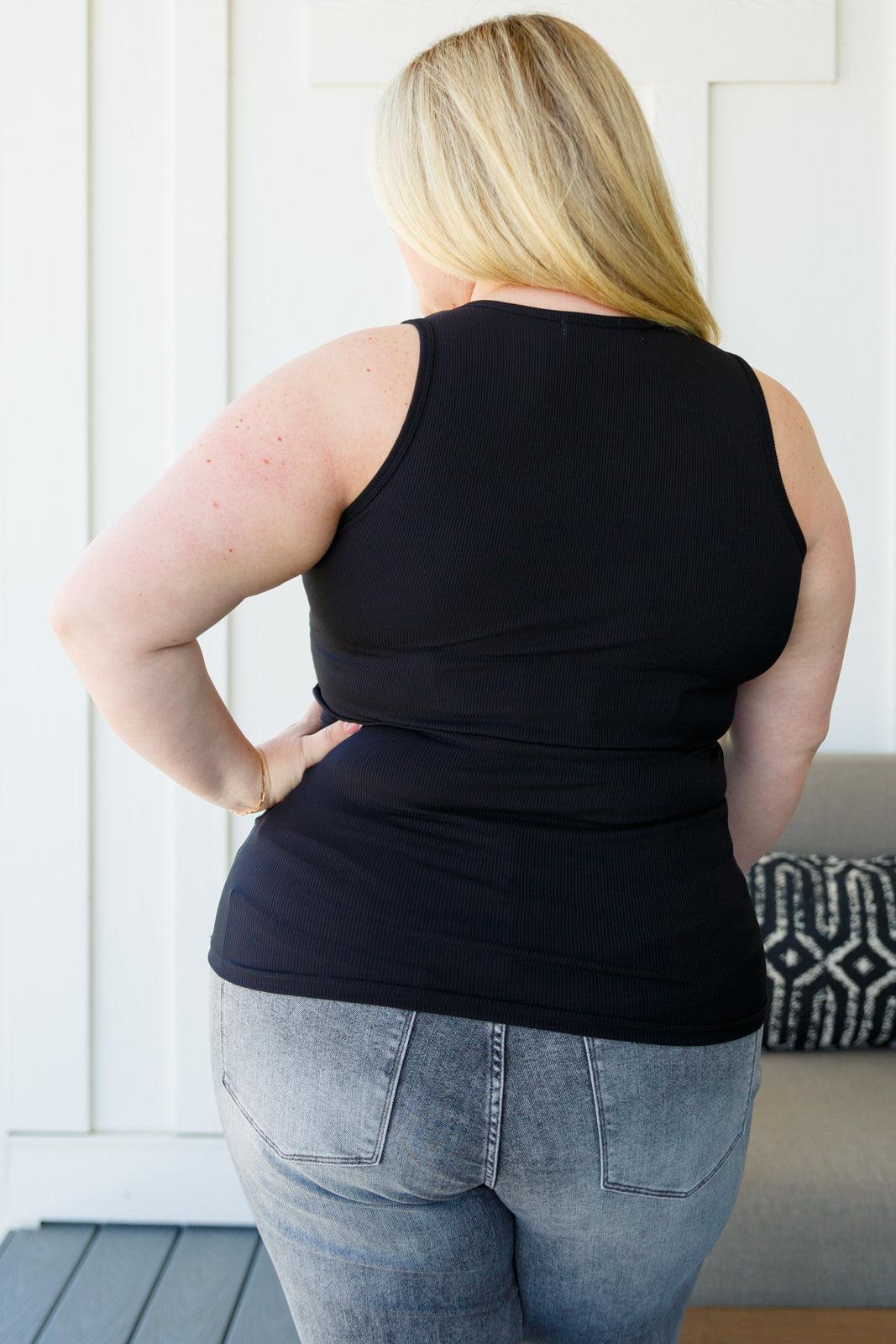 Daily Essential Notched Ribbed Tank in Black - Waverly Paige Boutique