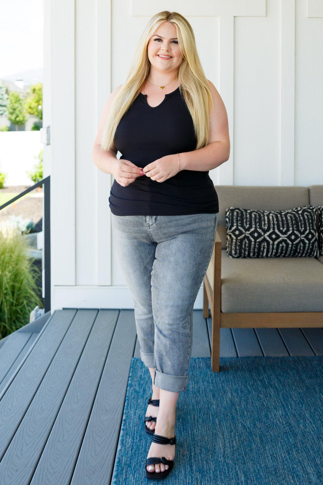 Daily Essential Notched Ribbed Tank in Black - Waverly Paige Boutique