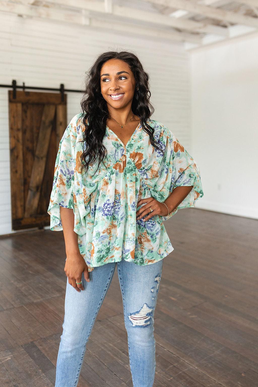 Fabled in Floral Draped Peplum Top in Ivory - Waverly Paige Boutique