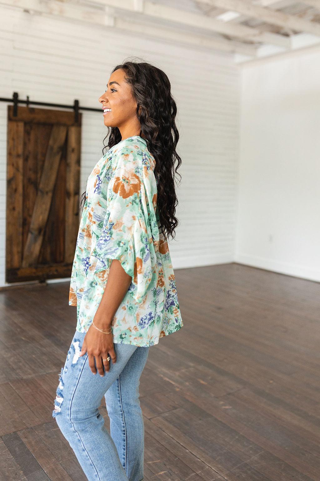 Fabled in Floral Draped Peplum Top in Ivory - Waverly Paige Boutique