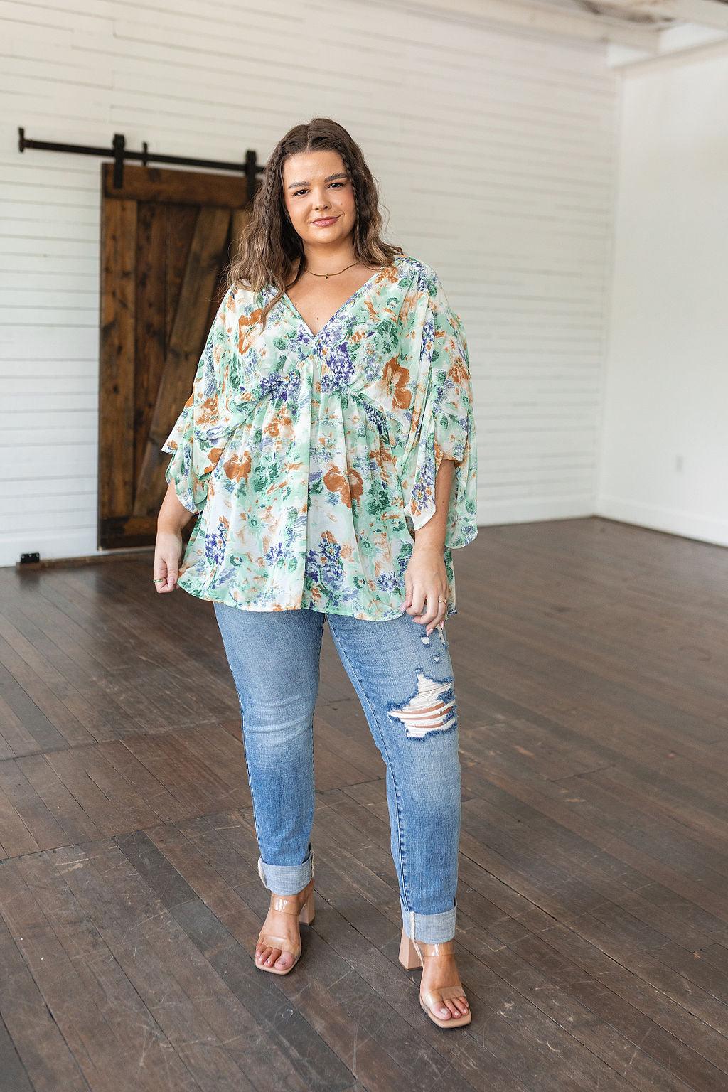 Fabled in Floral Draped Peplum Top in Ivory - Waverly Paige Boutique