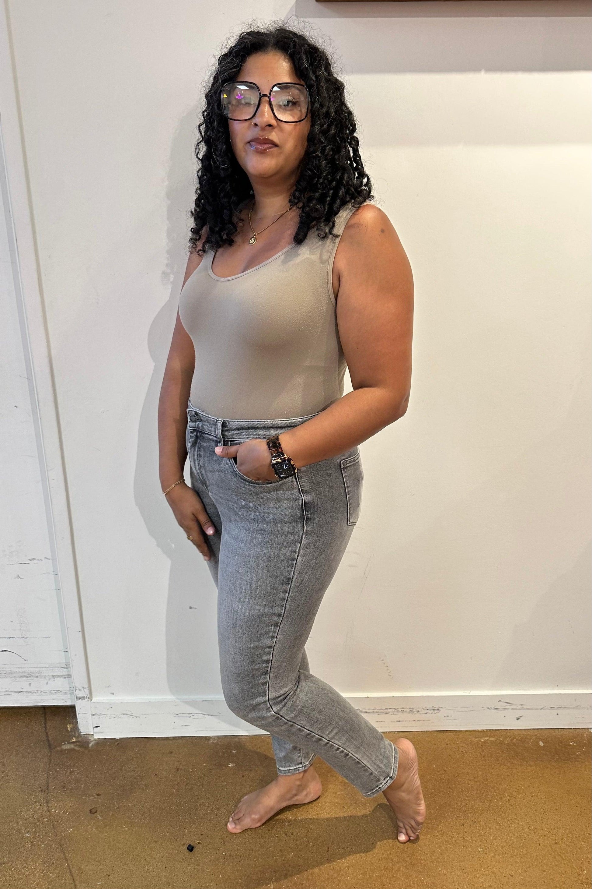 Charlotte High Rise Stone Wash Slim Jeans in Gray - Waverly Paige Boutique