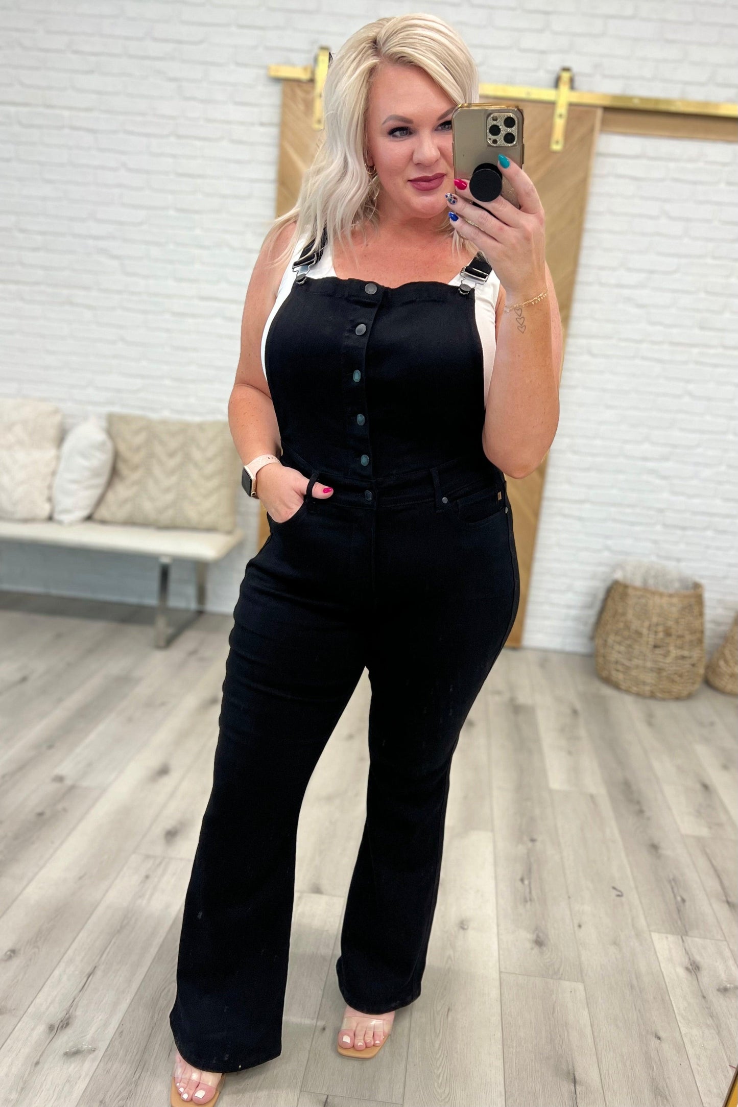 Imogene Control Top Retro Flare Overalls in Black - Waverly Paige Boutique