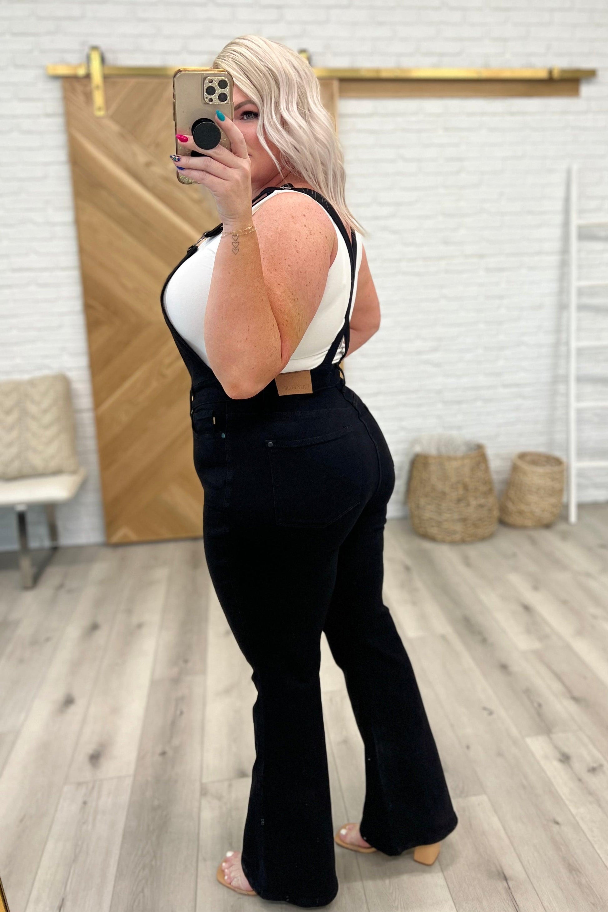 Imogene Control Top Retro Flare Overalls in Black - Waverly Paige Boutique