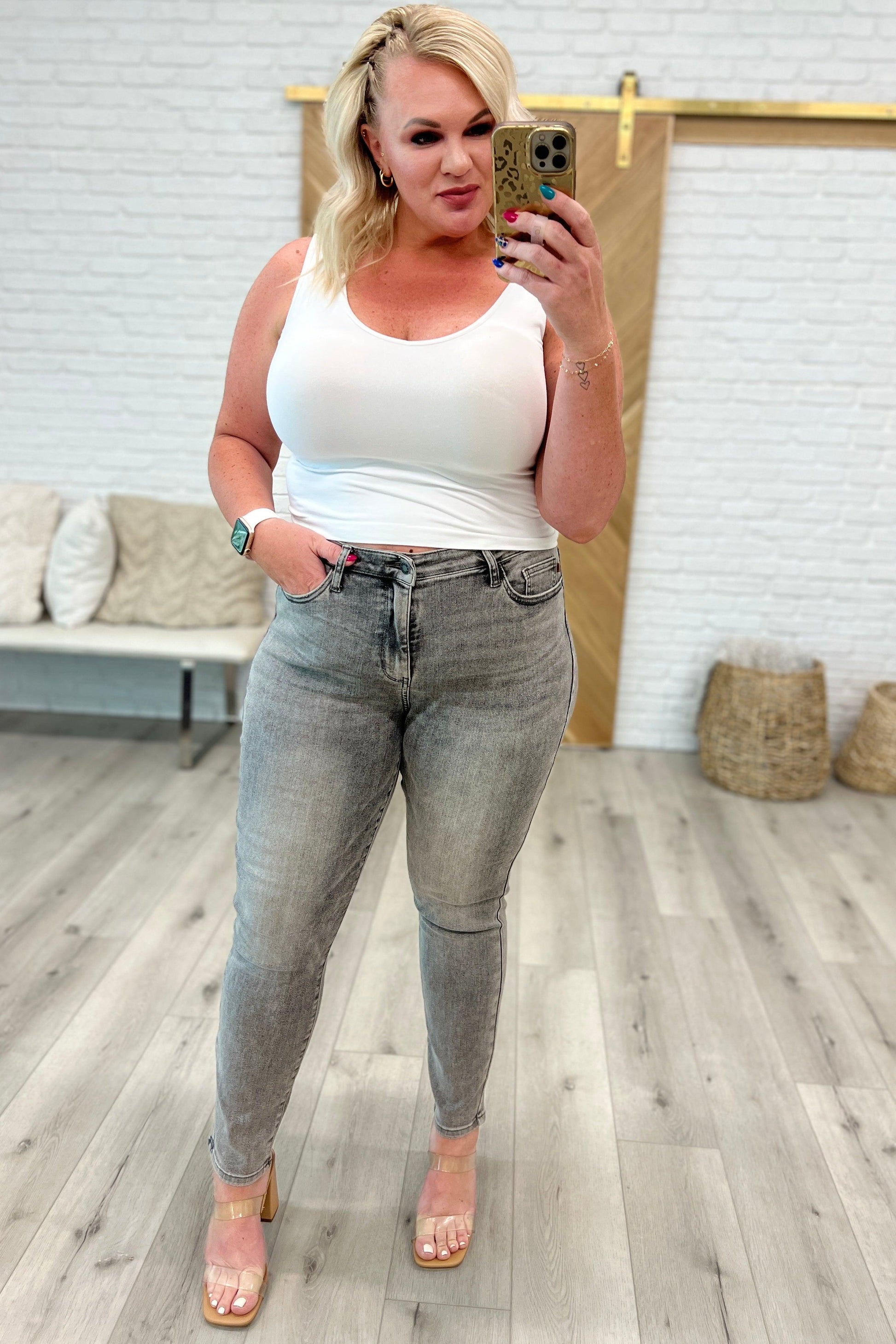 Charlotte High Rise Stone Wash Slim Jeans in Gray - Waverly Paige Boutique