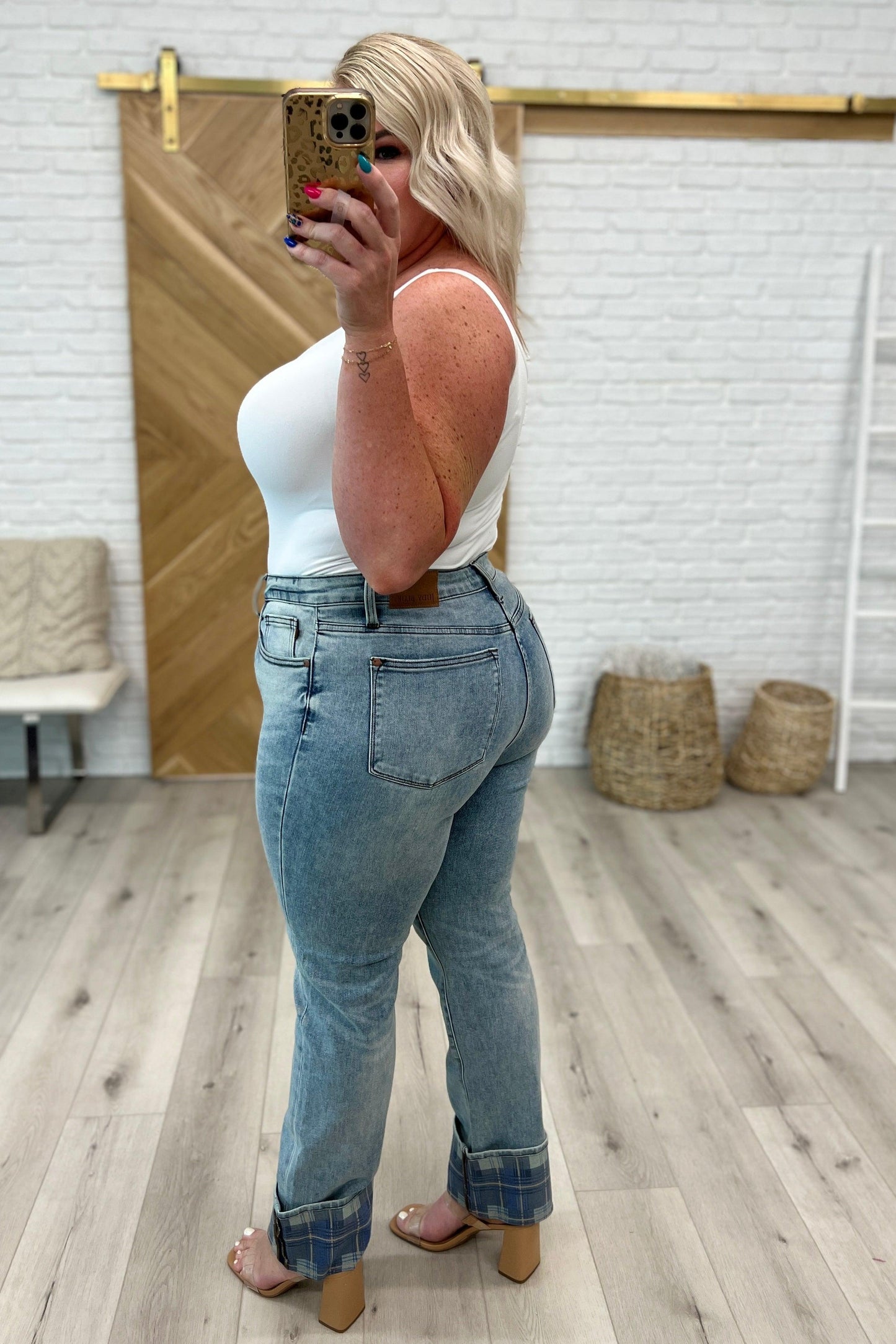 Miranda High Rise Plaid Cuff Vintage Straight Jeans - Waverly Paige Boutique