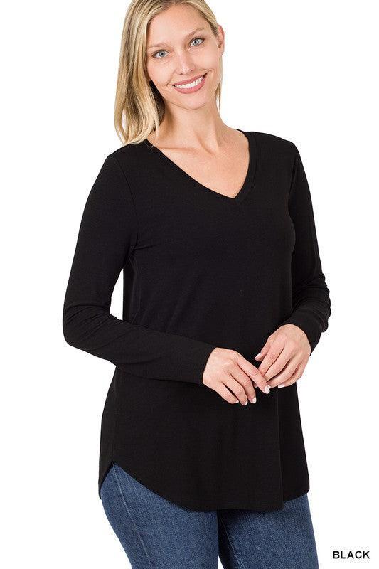 Long Sleeve V Neck Tee - Black XL - Waverly Paige Boutique