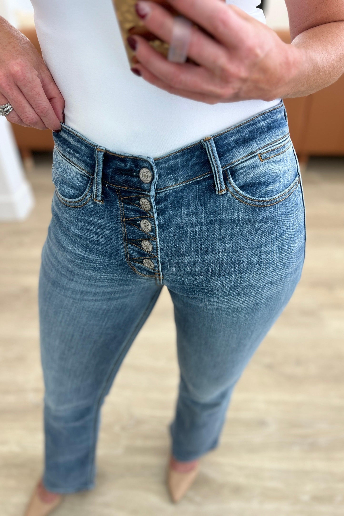 Matilda Mid Rise Vintage Button Fly Bootcut Jeans - Waverly Paige Boutique