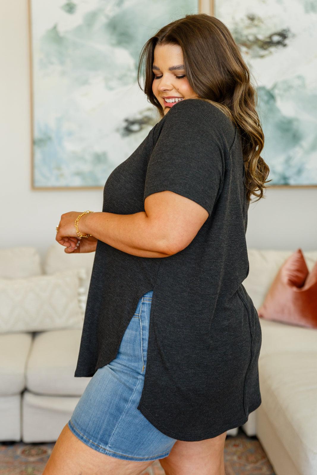 Kathleen Waffle Knit Top in Black - Waverly Paige Boutique