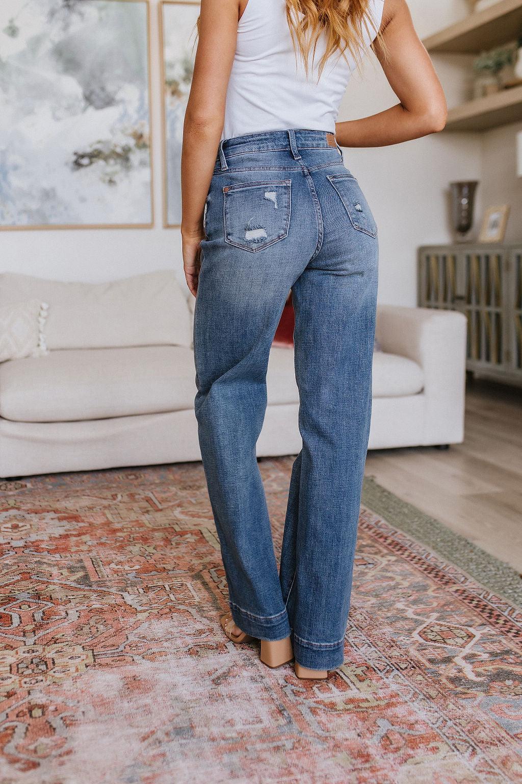 Katrina High Waist Distressed Denim Trousers - Waverly Paige Boutique