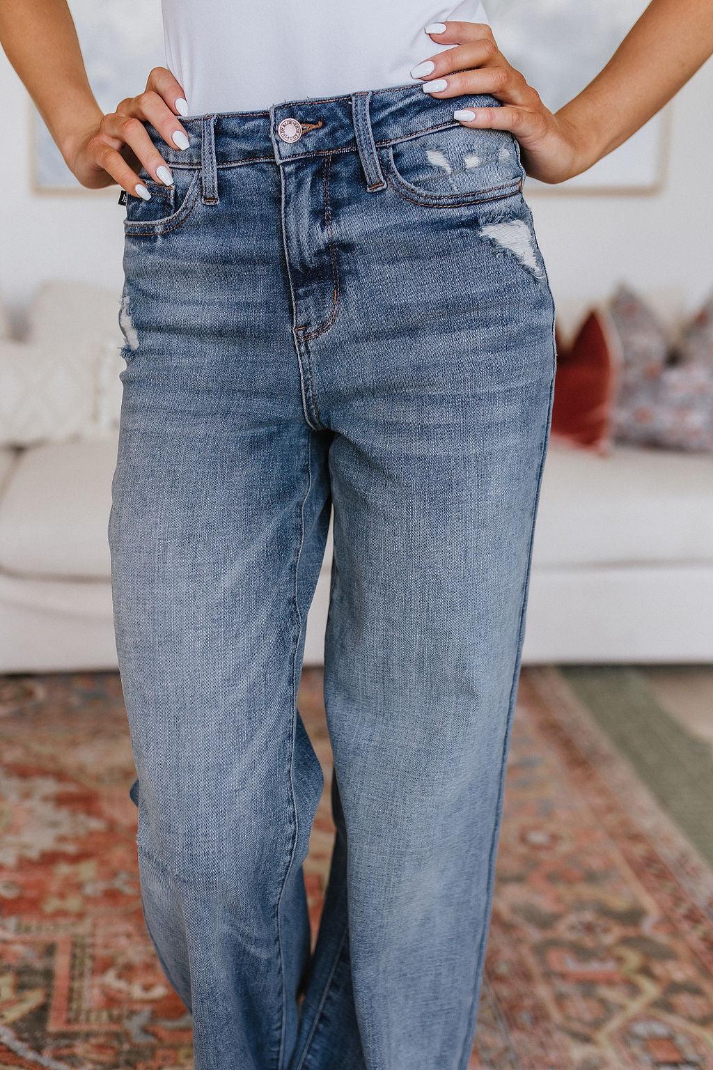 Katrina High Waist Distressed Denim Trousers - Waverly Paige Boutique