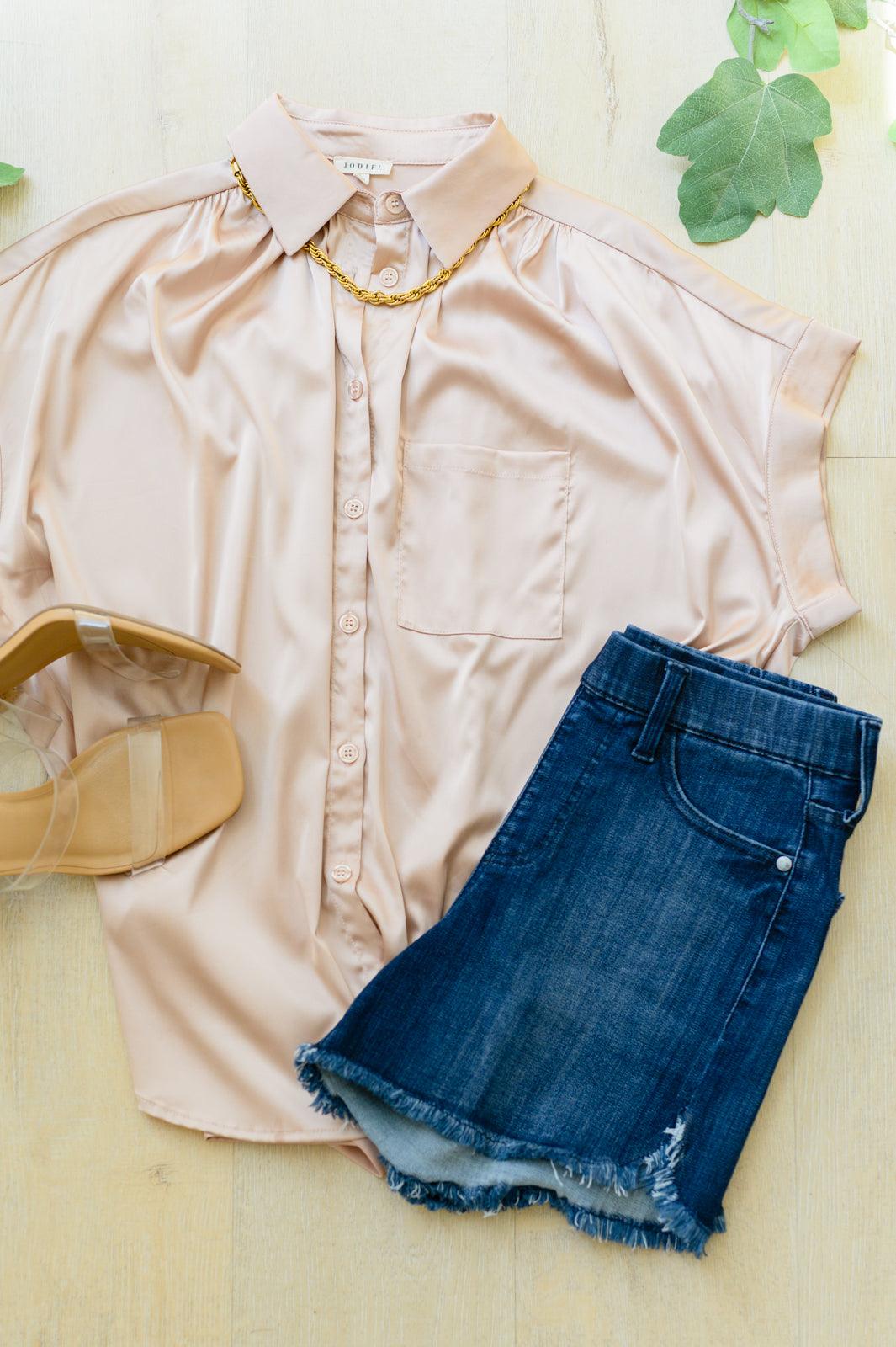 Never Have I Ever Button Down Blouse in Champagne - Waverly Paige Boutique