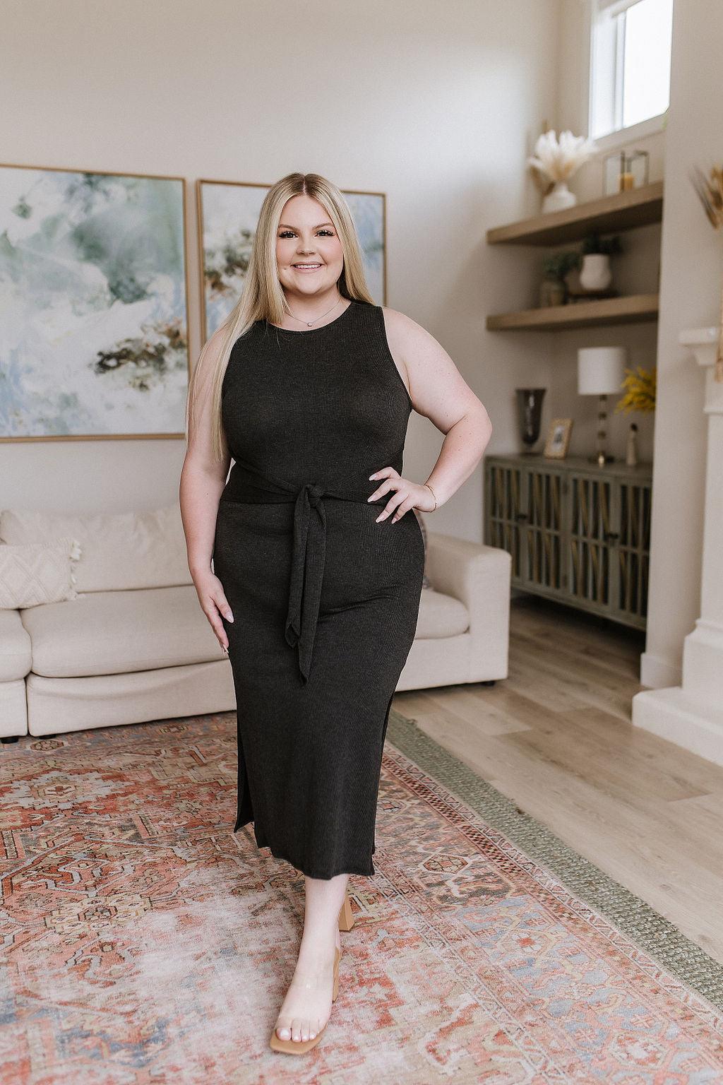 Out on the Town Tie Detail Midi Dress in Charcoal - Waverly Paige Boutique