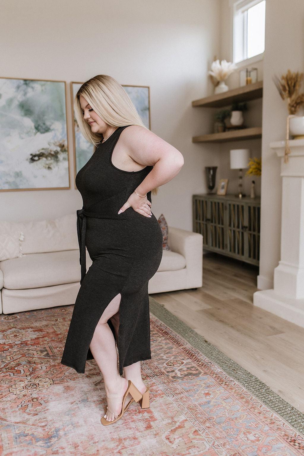 Out on the Town Tie Detail Midi Dress in Charcoal - Waverly Paige Boutique