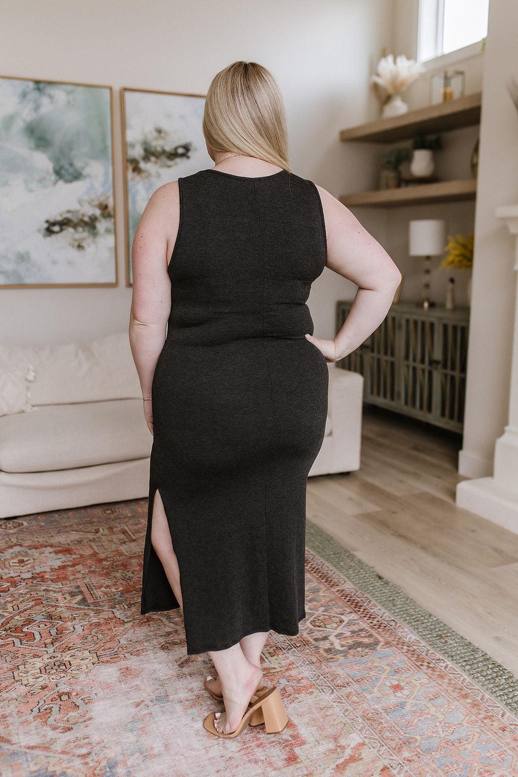 Out on the Town Tie Detail Midi Dress in Charcoal - Waverly Paige Boutique