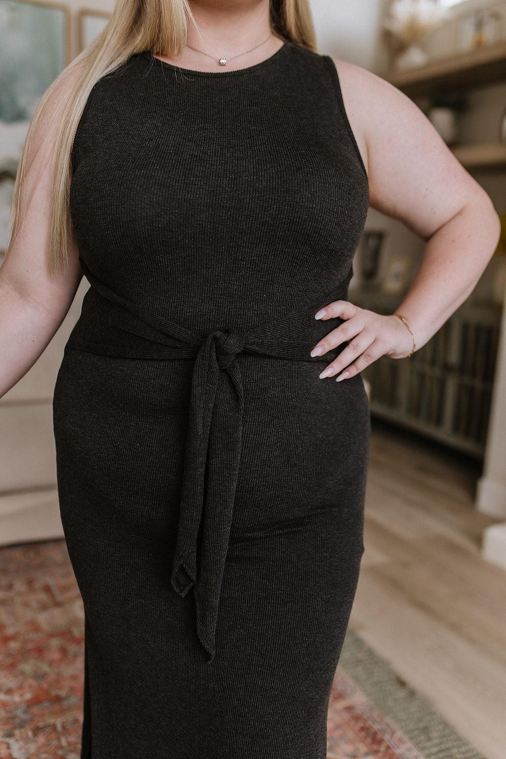 Out on the Town Tie Detail Midi Dress in Charcoal - Waverly Paige Boutique