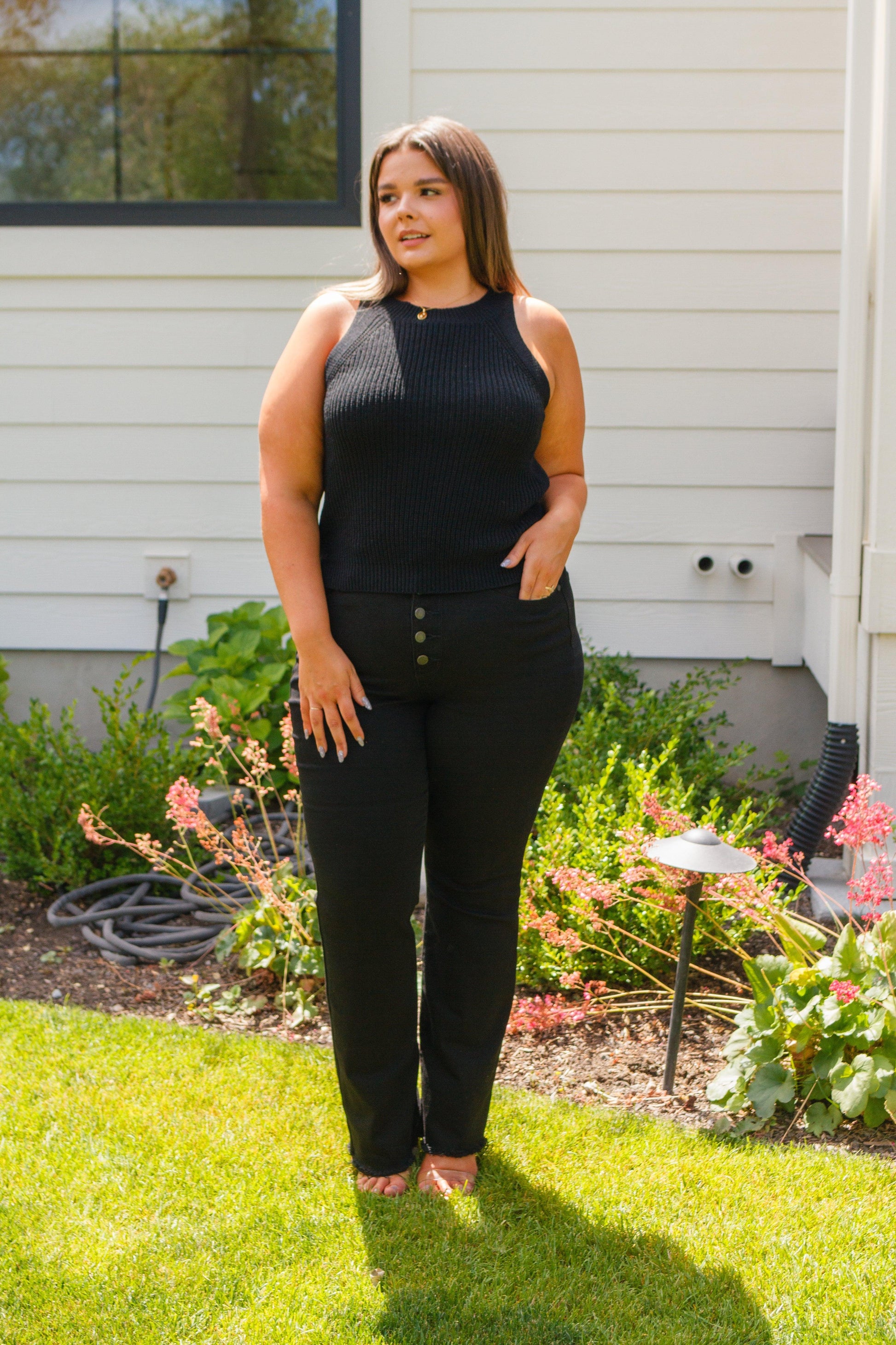 Previous Engagement Halter Neck Sweater Tank in Black - Waverly Paige Boutique