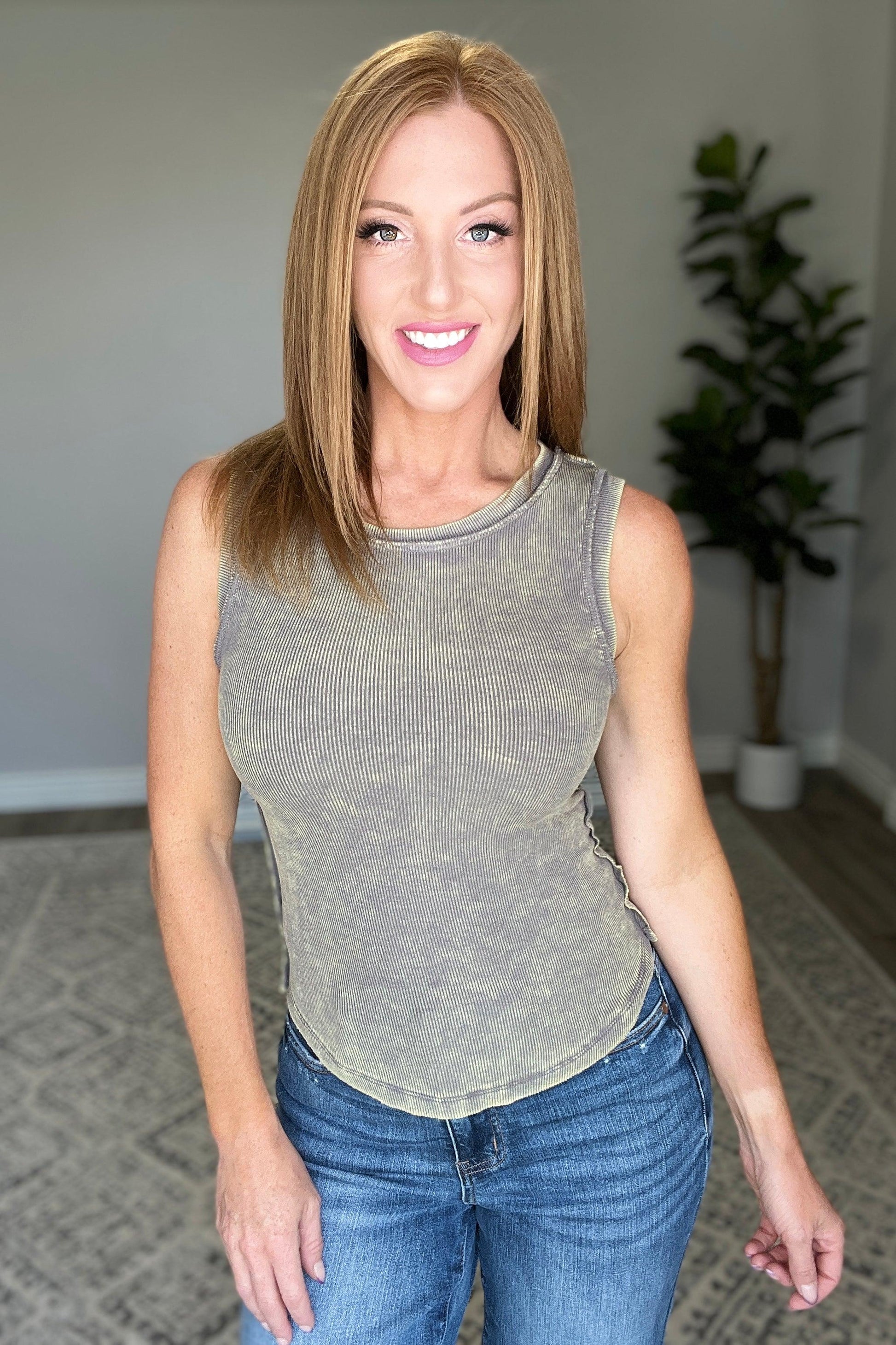 Ribbed Mineral Wash Fitted Tank in Mocha Grey - Waverly Paige Boutique