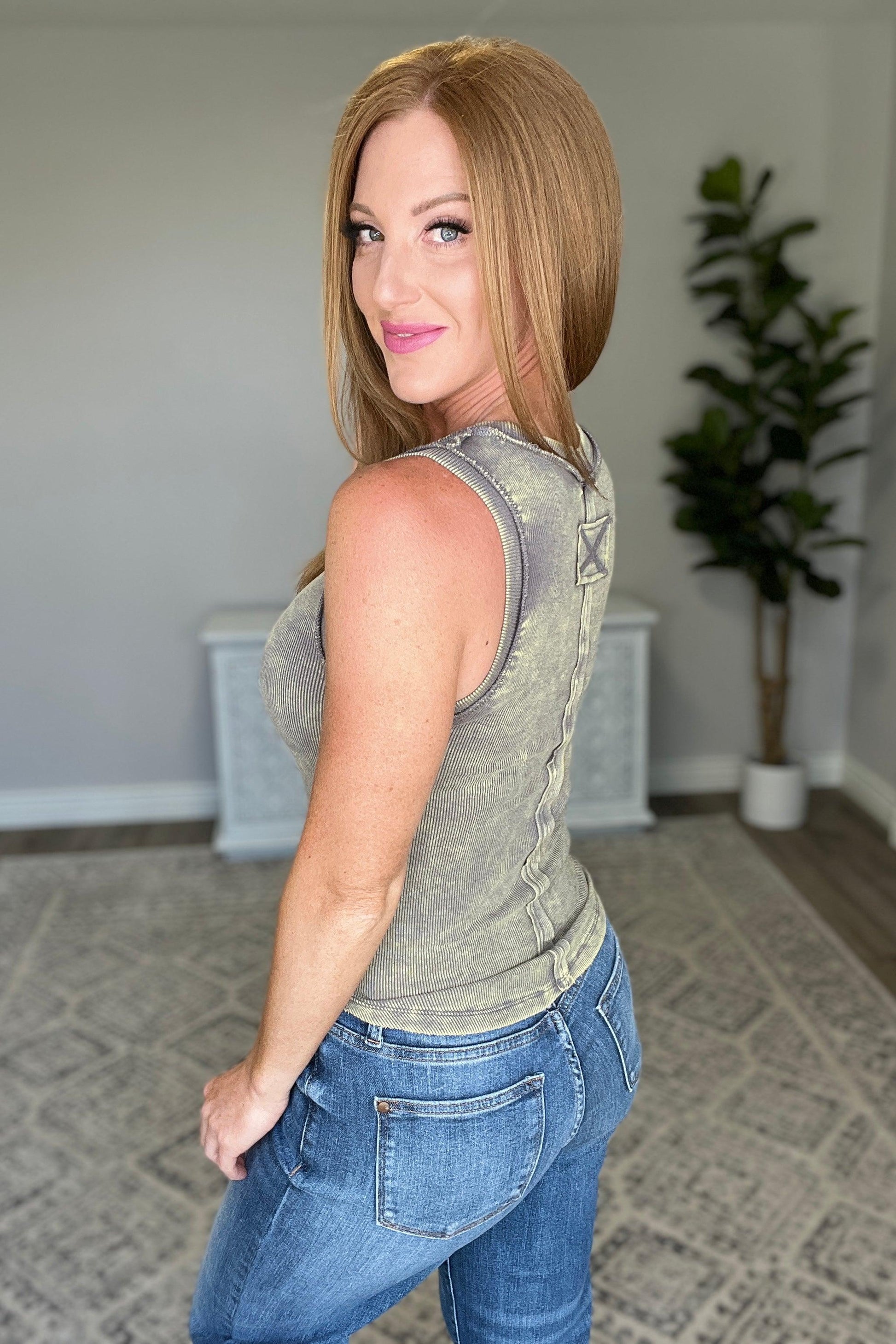 Ribbed Mineral Wash Fitted Tank in Mocha Grey - Waverly Paige Boutique