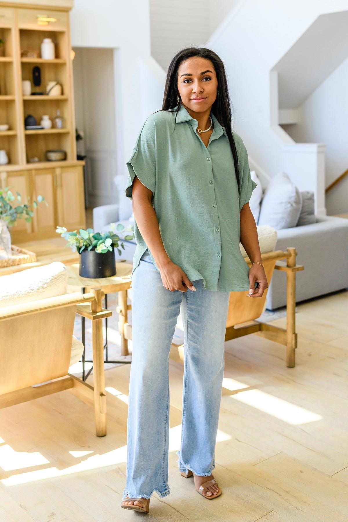 Sweet Simplicity Button Down Blouse in Sage - Waverly Paige Boutique