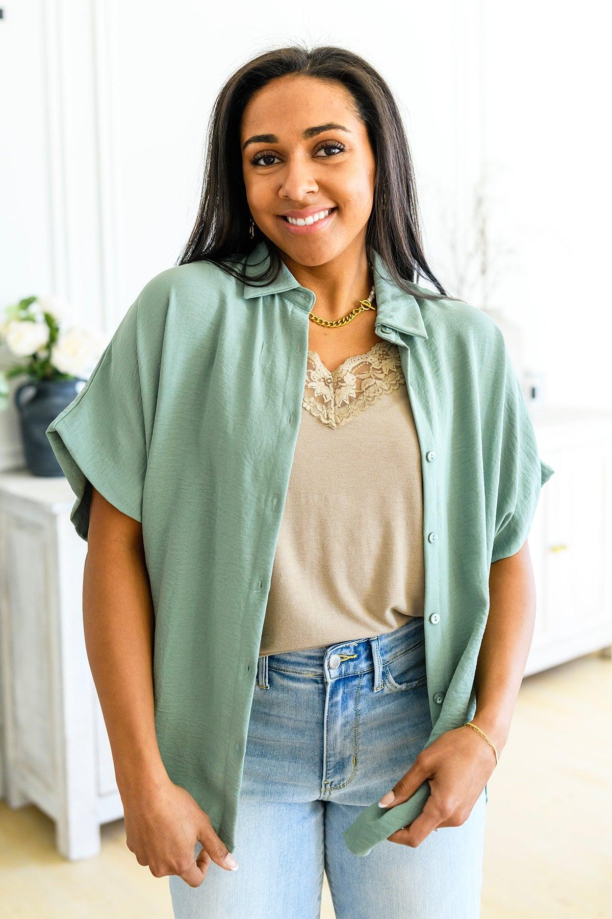 Sweet Simplicity Button Down Blouse in Sage - Waverly Paige Boutique